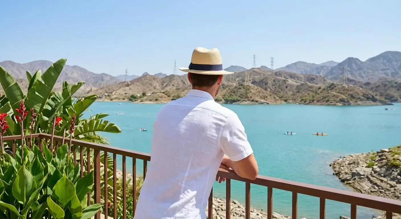 Panoramic viewing terrace overlooking Al Rafisah Dam and the Hajar Mountains