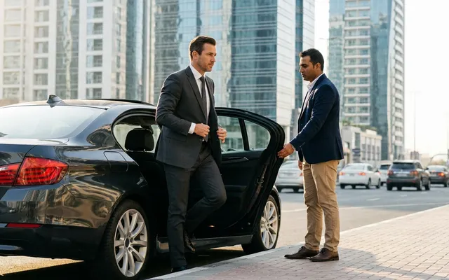 Businessman stepping out of his own car at a Dubai Business Bay office tower with a waiting driver
