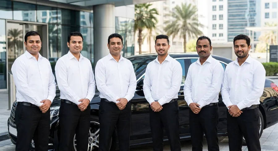 Team of professional Comfort Drive drivers in uniform standing beside a client's car in Dubai