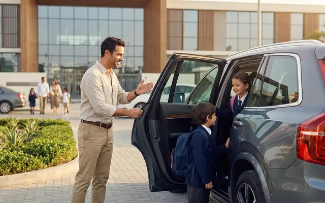 Driver helping two uniformed children into the family car at a Dubai school gate
