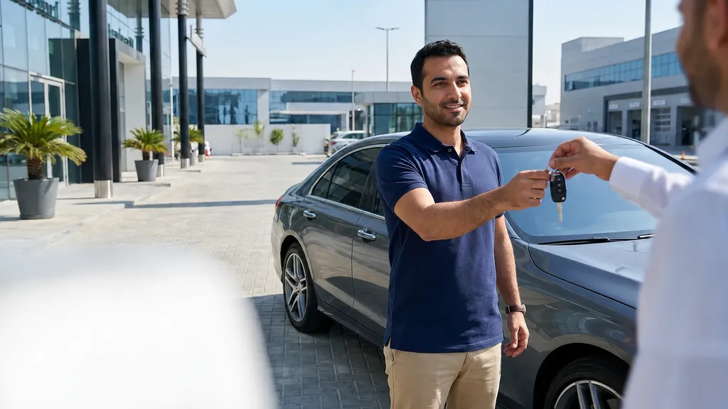 Comfort Drive driver handing over car keys to a client at a Dubai service center