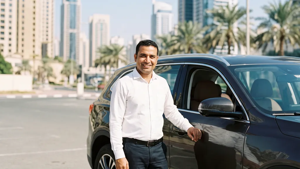 Comfort Drive hourly driver standing beside a client's own car with the Dubai skyline behind