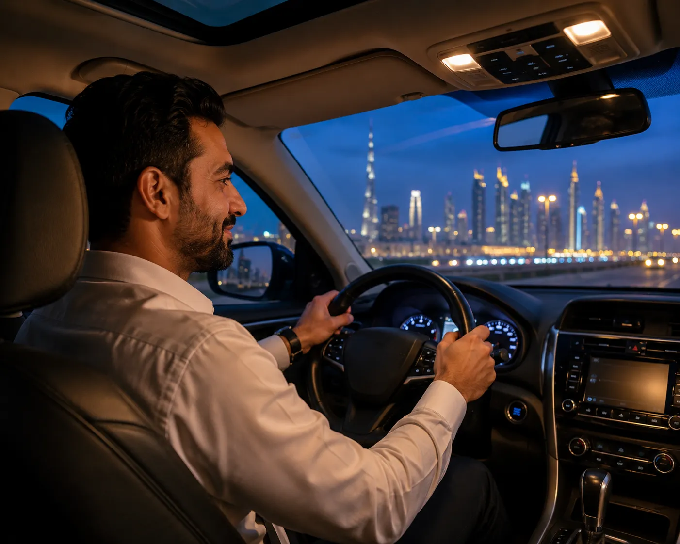 Comfort Drive chauffeur driving a client's car at night with Dubai skyline visible