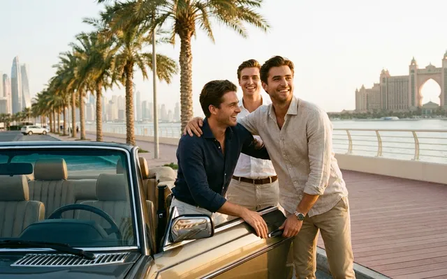 Group of friends arriving by their own car at a Dubai waterfront promenade with an hourly driver