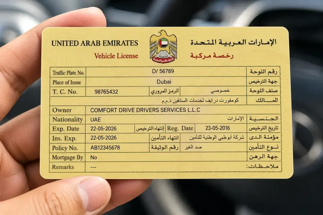 Sample Dubai mulkiya (vehicle registration card) showing plate number, chassis number and expiry date