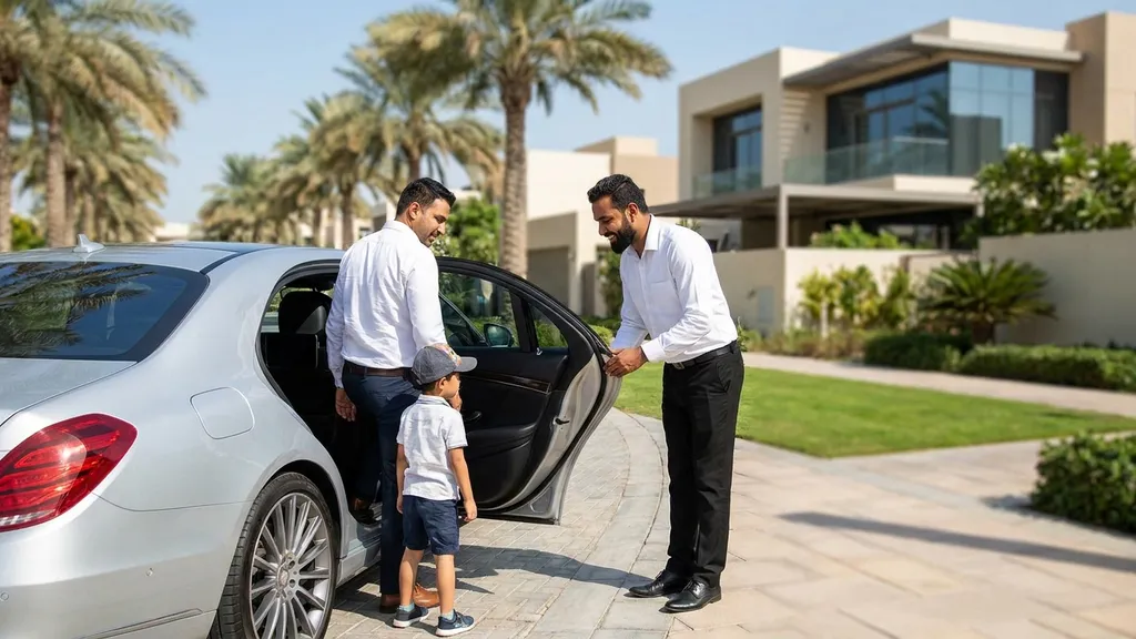 Comfort Drive personal driver helping a family into their car outside a Dubai home