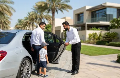 Comfort Drive personal driver helping a family into their car outside a Dubai home