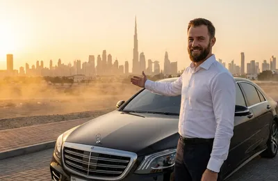 Comfort Drive chauffeur standing beside a client's car with the Dubai skyline behind