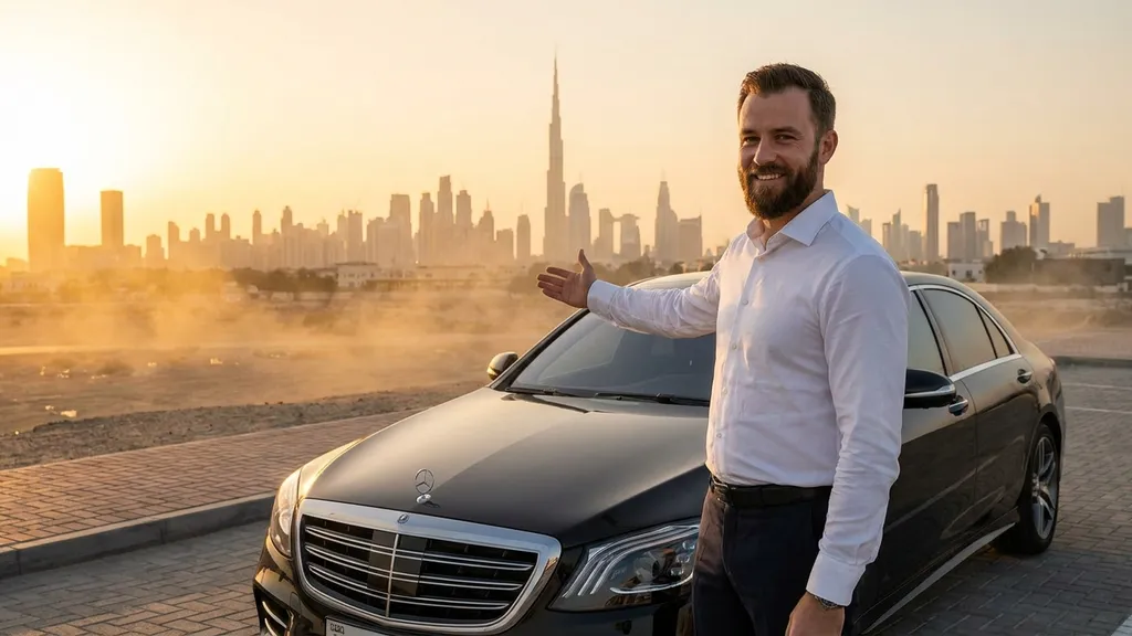 Comfort Drive chauffeur standing beside a client's car with the Dubai skyline behind