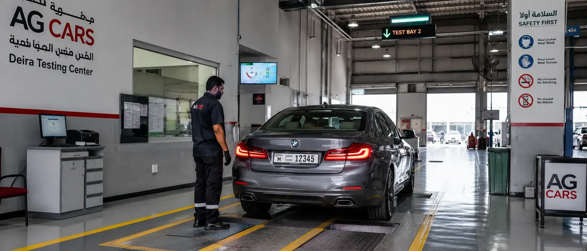 Technician checking a vehicle’s tires and brakes during an RTA test