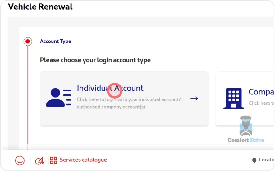 Vehicle Renewal account type screen with Individual Account and corporate options