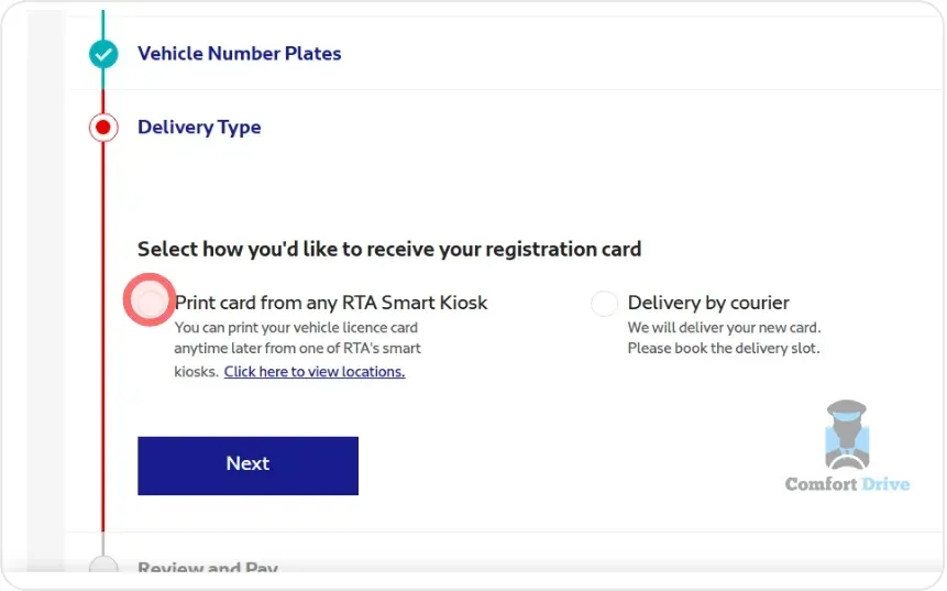 Delivery type options, print from kiosk or courier