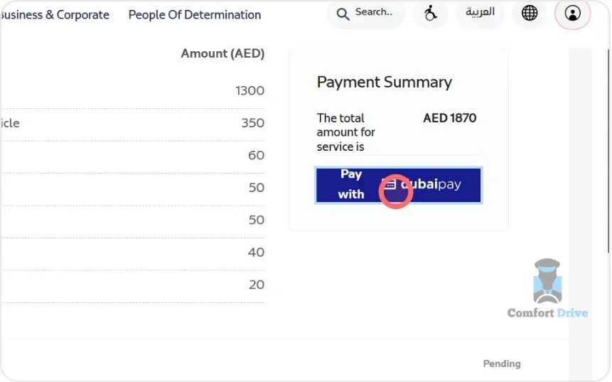 Payment summary with the total amount and the Pay with dubaipay button