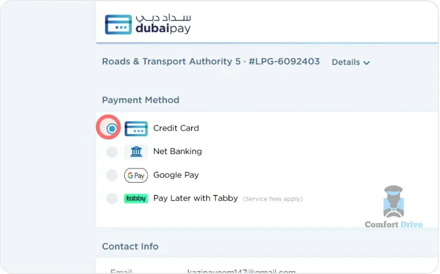 dubaipay payment method selection with Credit Card selected