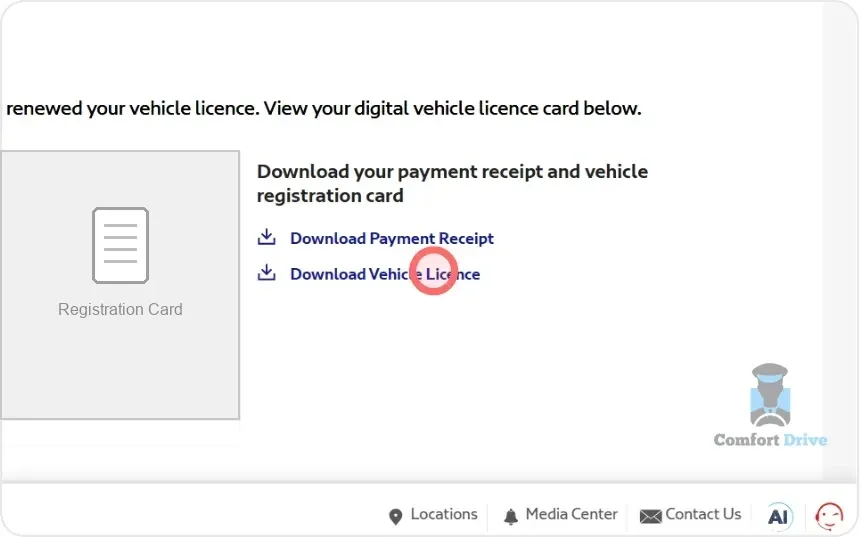 Confirmation screen with download links for the payment receipt and registration card