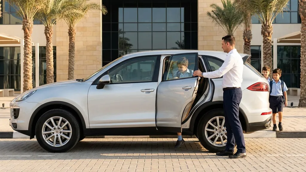 Comfort Drive driver holding the rear door open as a schoolboy climbs into the family car outside a Dubai school