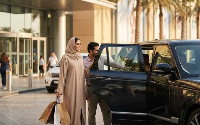 Shopper with bags getting into her own car outside a Dubai mall while an hourly driver assists