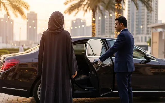 Driver holding the car door for a guest arriving at a Dubai evening event