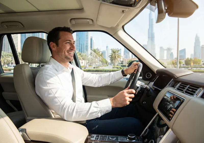 Comfort Drive driver at the wheel of a client's car with the Dubai skyline and Burj Khalifa ahead