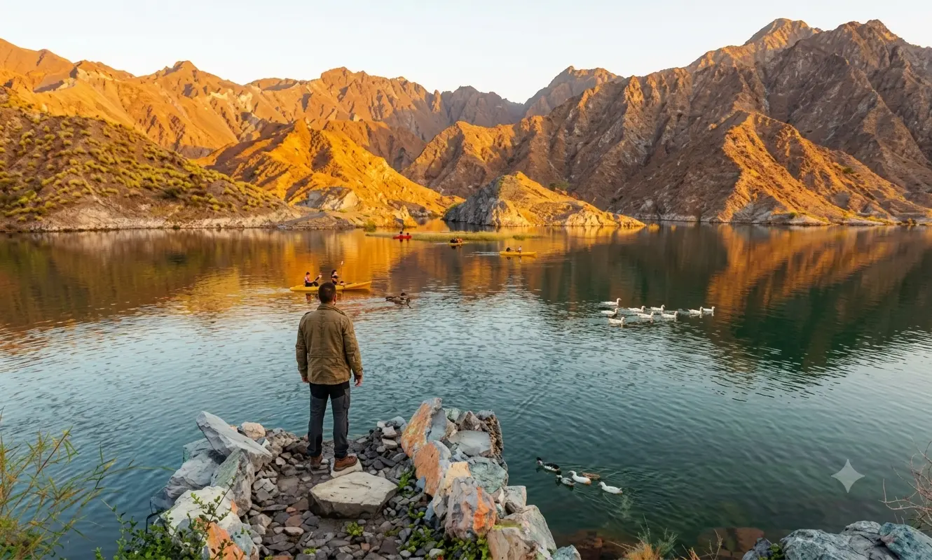 Scenic sunset view of Al Rafisah Dam in Khor Fakkan with kayaking activities and reflections of the Hajar Mountains on the water